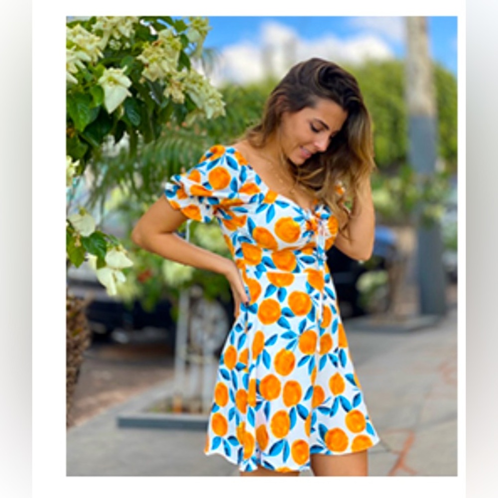 🍊Orange & Blue Puff-Sleeve A-Line Sundress XS
